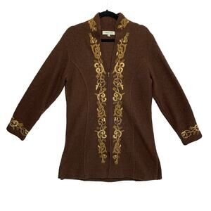 Coldwater Creek Wool Embroidered Brown Long Full Zip Coat Women's Sz M Brown